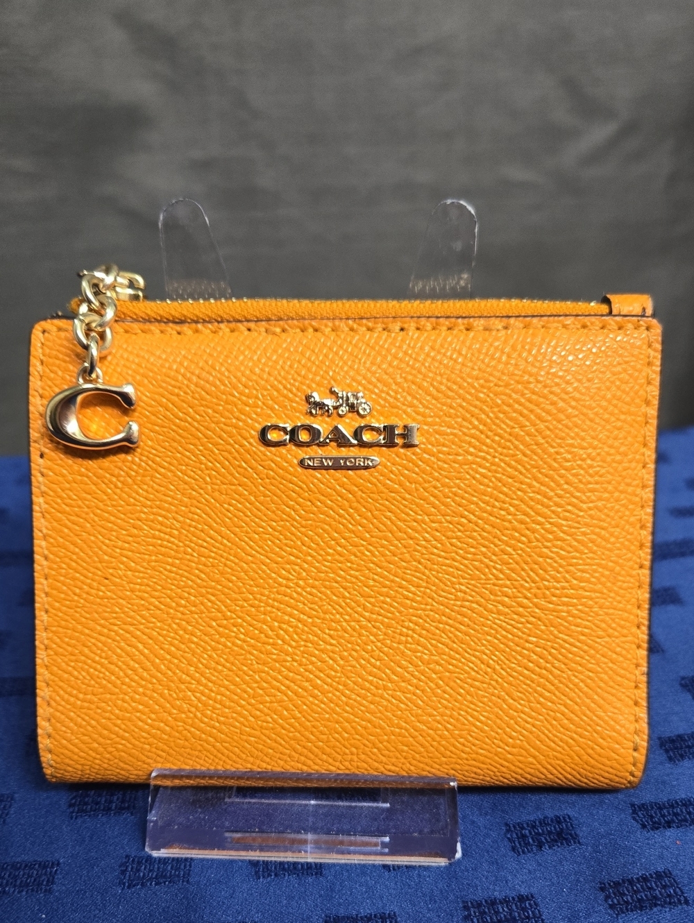 Coach Orange Pebbled Leather Zip Card Case with 'C' Charm Wallet